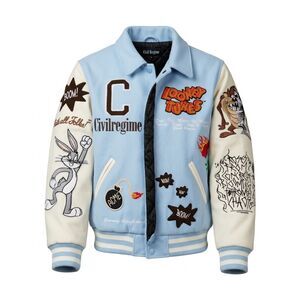 Civil Regime Looney Tunes Varsity Jacket Light Blue White Patches Men's M NWT
